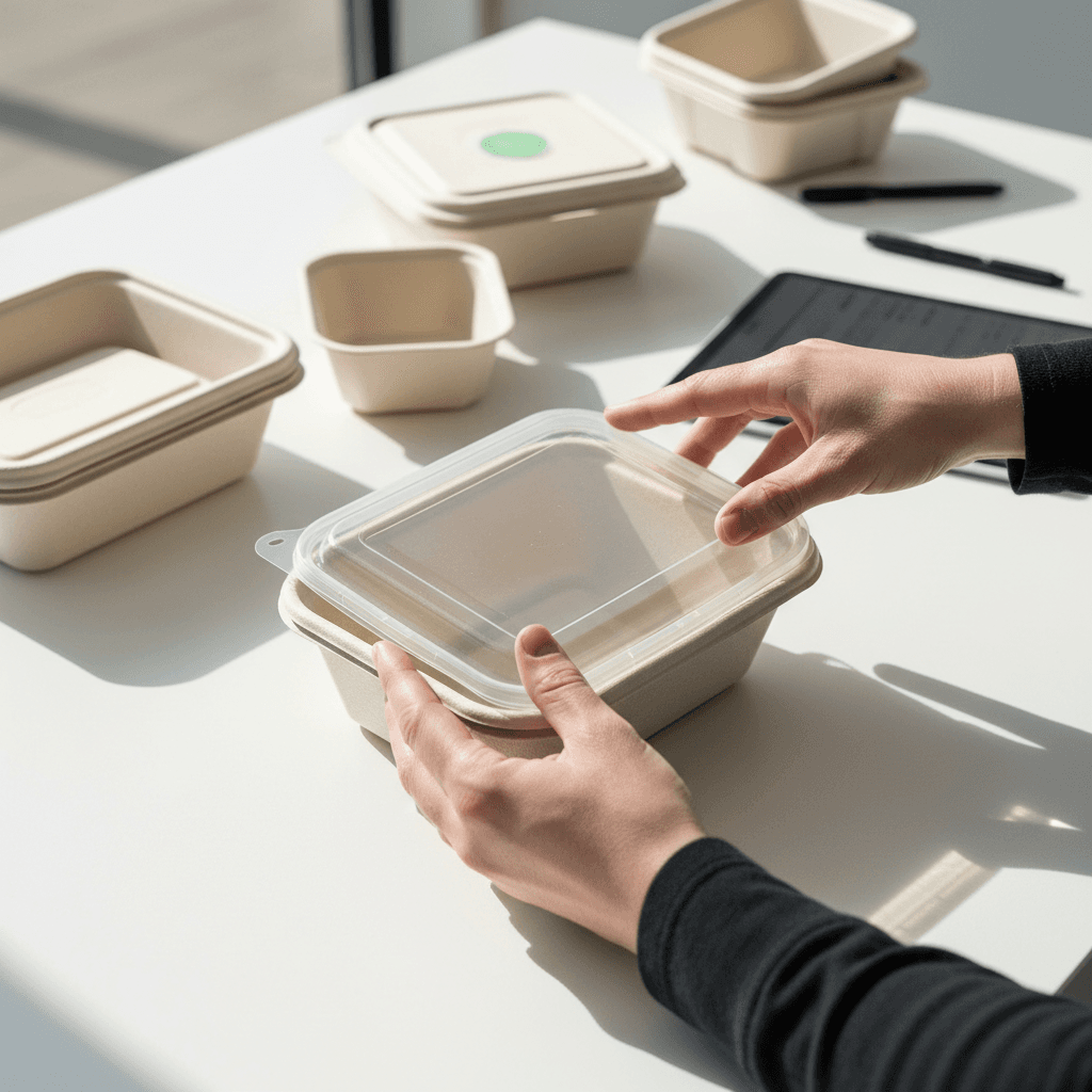 Close-up overhead shot of hands examining disposable food containers for quality and durability in professional setting