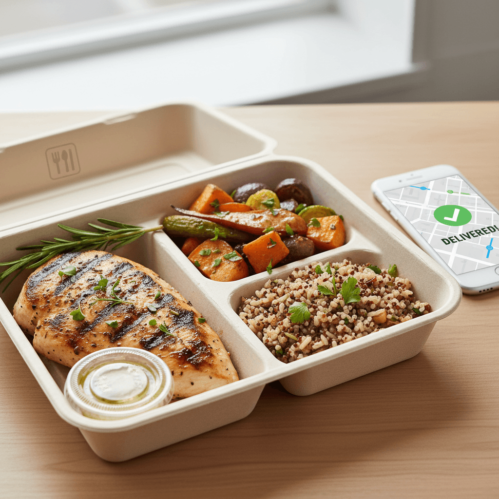 Overhead view of opened meal delivery box showing compartments of grilled protein, roasted vegetables, whole grains, and fresh garnishes